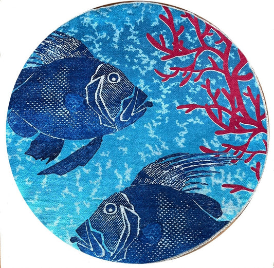 Türkiser Wollteppich mit Fisch und Korallen-Design
